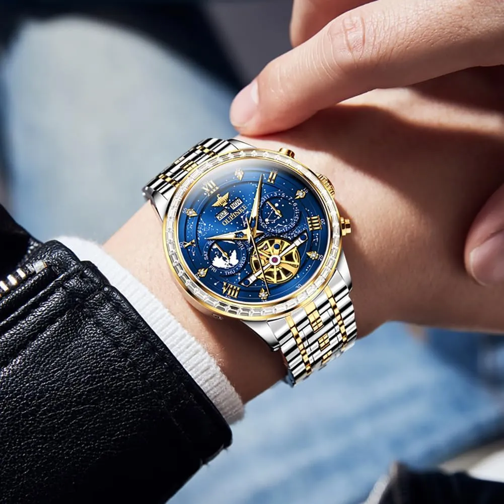 OUPINKE Watches for Men Automatic Unique Luxury Imitation Galaxy Mechanical Watch Business Diamond Calendar Male Watches Stainless Steel Waterproof Luminous