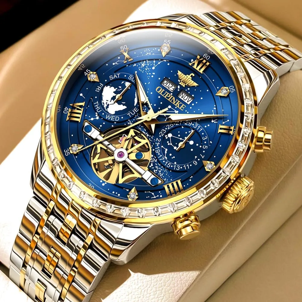 OUPINKE Watches for Men Automatic Unique Luxury Imitation Galaxy Mechanical Watch Business Diamond Calendar Male Watches Stainless Steel Waterproof Luminous