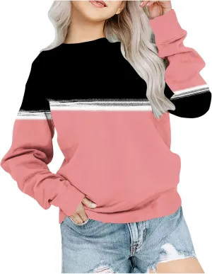 Oversized Crewneck Sweatshirts For Girls Boys Long Sleeve Color Block Pullover Tops Fleece Preppy Clothes 1-12 Years