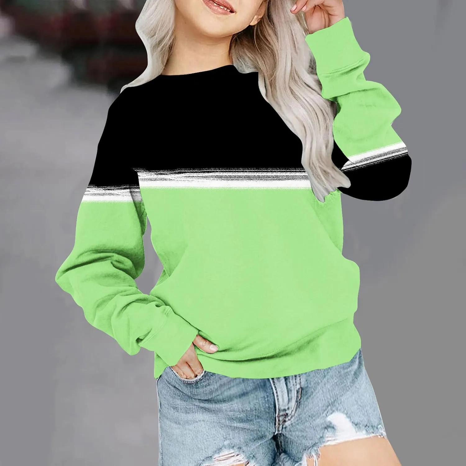 Oversized Crewneck Sweatshirts For Girls Boys Long Sleeve Color Block Pullover Tops Fleece Preppy Clothes 1-12 Years