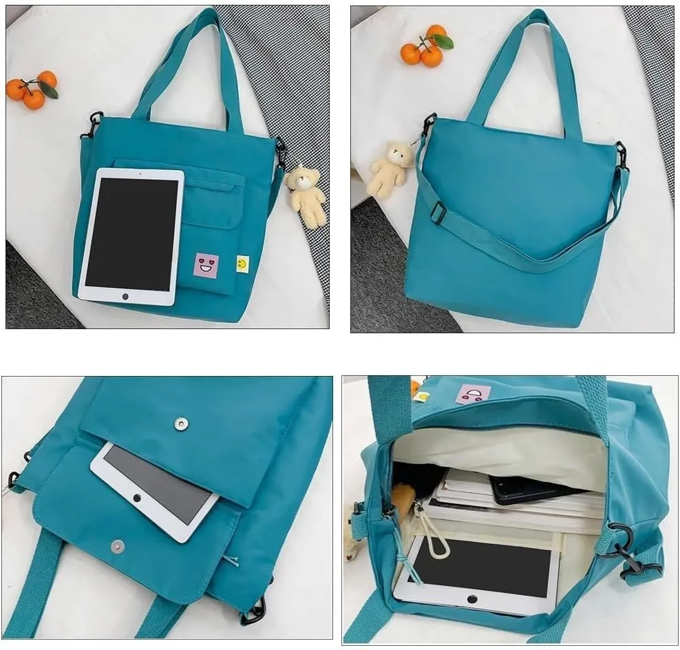 Oversized Hobo Purse Women's Nylon Shopping Tote with Adjustable Shoulder/Crossbody Strap & Bear Charm