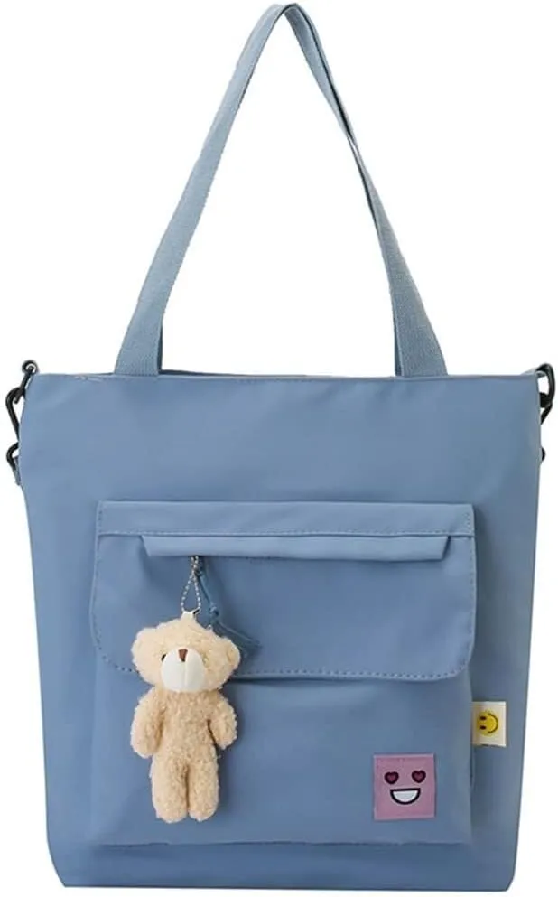 Oversized Hobo Purse Women's Nylon Shopping Tote with Adjustable Shoulder/Crossbody Strap & Bear Charm