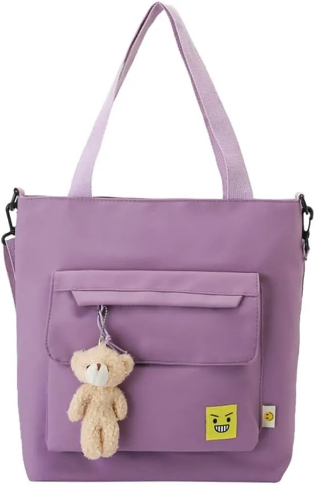 Oversized Hobo Purse Women's Nylon Shopping Tote with Adjustable Shoulder/Crossbody Strap & Bear Charm
