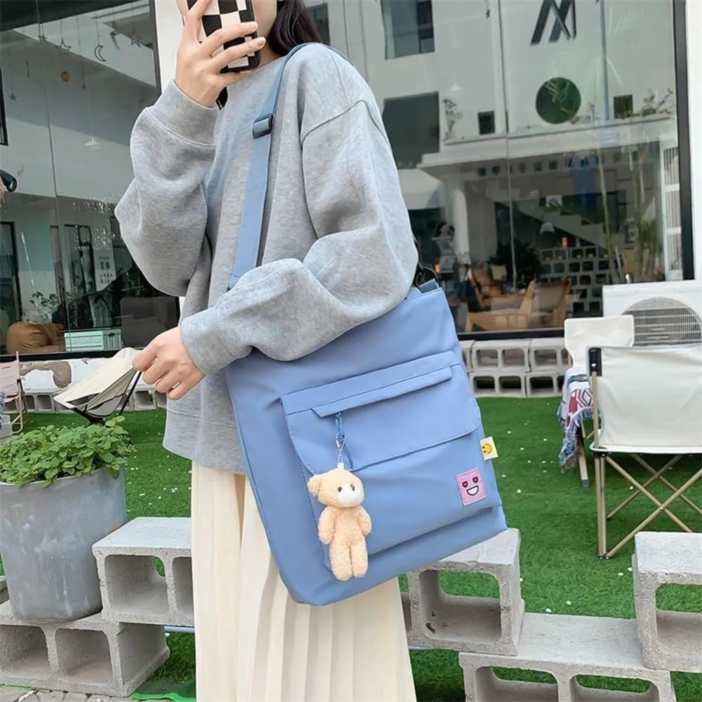 Oversized Hobo Purse Women's Nylon Shopping Tote with Adjustable Shoulder/Crossbody Strap & Bear Charm