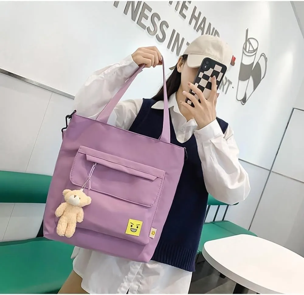 Oversized Hobo Purse Women's Nylon Shopping Tote with Adjustable Shoulder/Crossbody Strap & Bear Charm