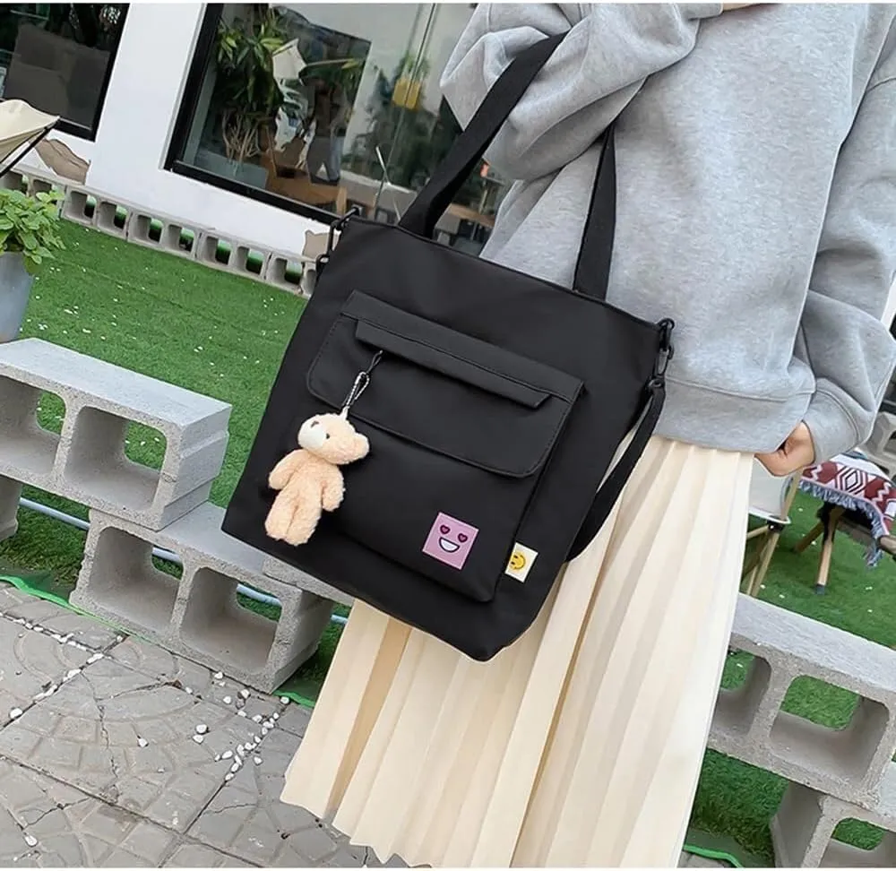 Oversized Hobo Purse Women's Nylon Shopping Tote with Adjustable Shoulder/Crossbody Strap & Bear Charm