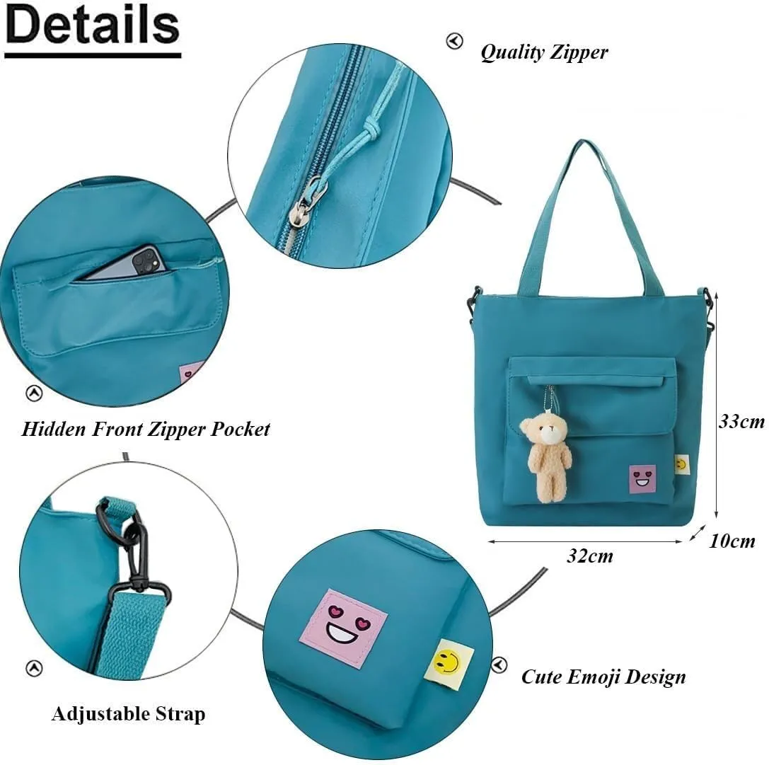 Oversized Hobo Purse Women's Nylon Shopping Tote with Adjustable Shoulder/Crossbody Strap & Bear Charm