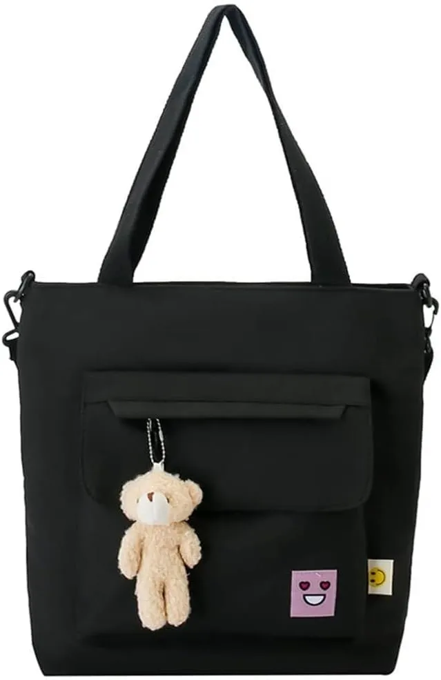 Oversized Hobo Purse Women's Nylon Shopping Tote with Adjustable Shoulder/Crossbody Strap & Bear Charm