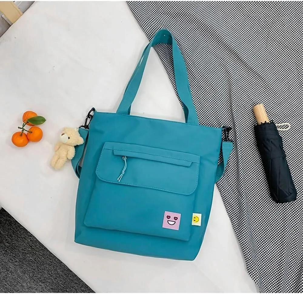 Oversized Hobo Purse Women's Nylon Shopping Tote with Adjustable Shoulder/Crossbody Strap & Bear Charm