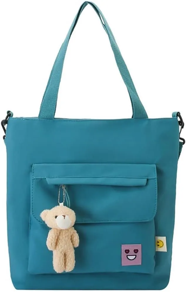 Oversized Hobo Purse Women's Nylon Shopping Tote with Adjustable Shoulder/Crossbody Strap & Bear Charm