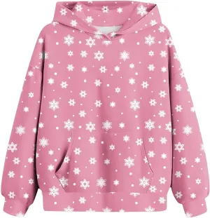Oversized Hoodies For Teen Girls Boys Christmas Sweatshirts Snowflake Print Pullover Tops With Pocket 2-13 Years