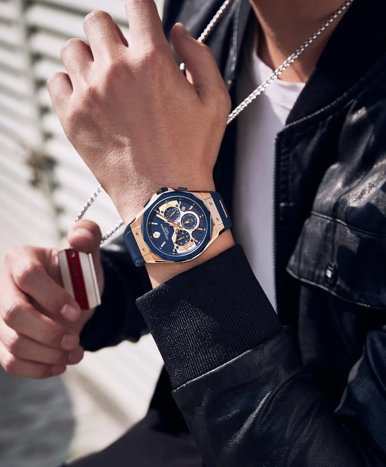 Paras Crown Mens Watches Fashion Luxury 50M Waterproof Chronograph Wrist Watches for Men with Silicone Strap Stainless Steel Case