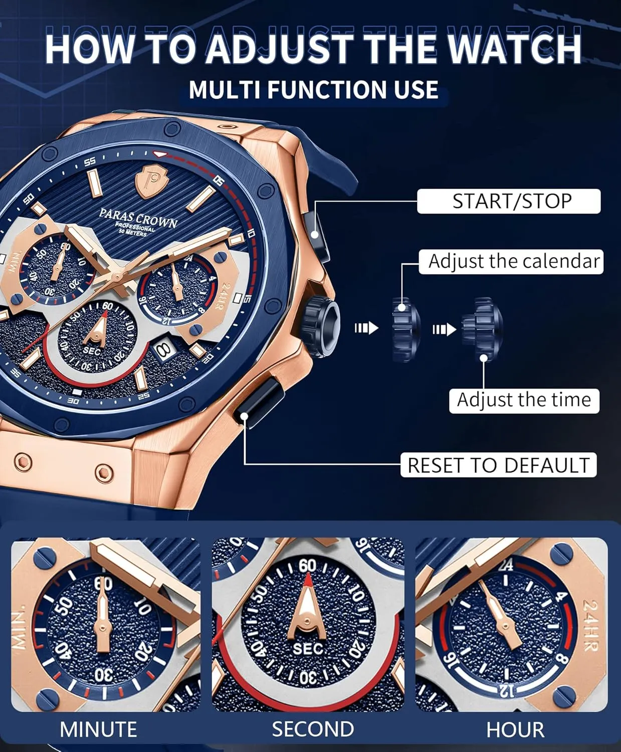 Paras Crown Mens Watches Fashion Luxury 50M Waterproof Chronograph Wrist Watches for Men with Silicone Strap Stainless Steel Case