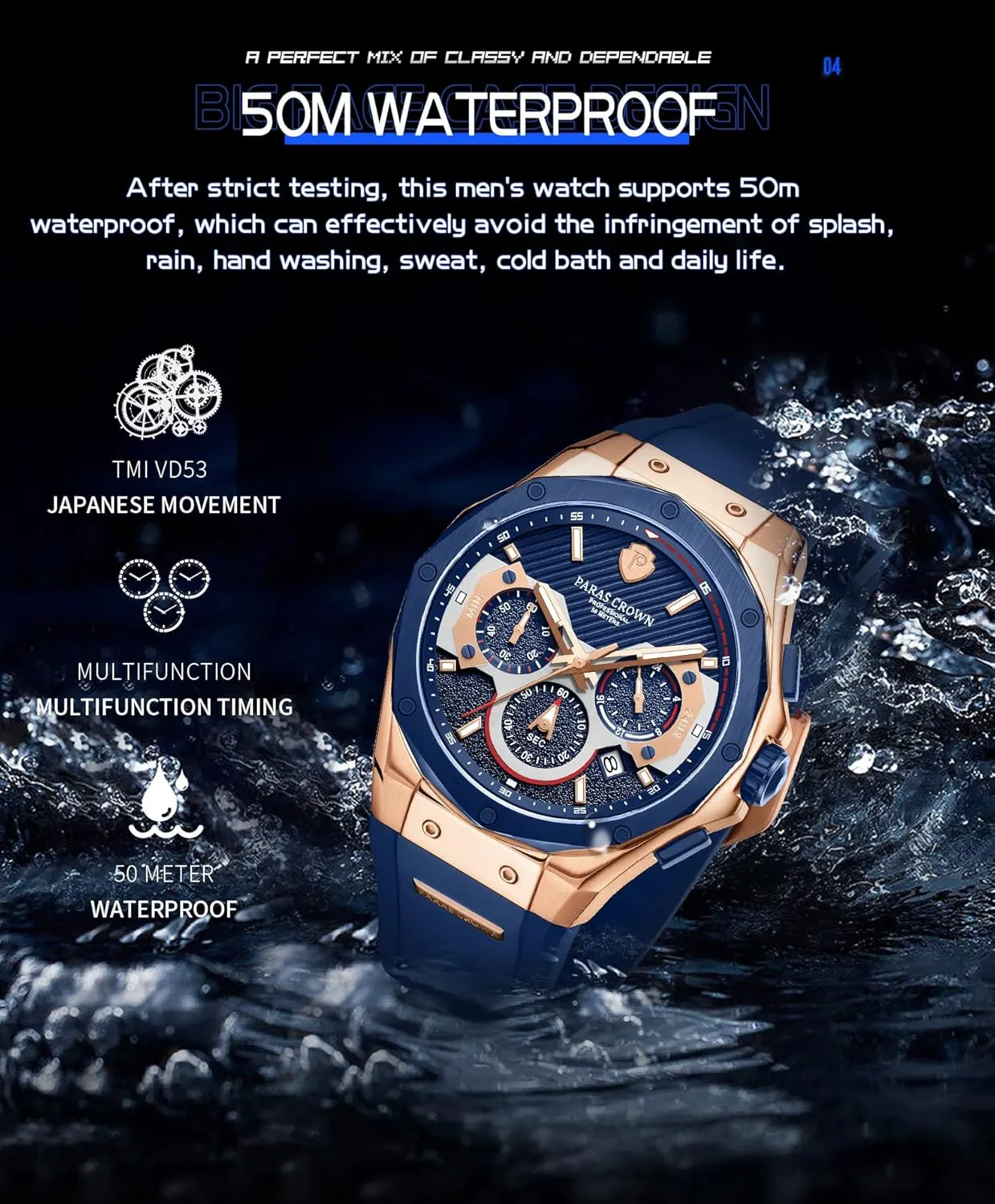 Paras Crown Mens Watches Fashion Luxury 50M Waterproof Chronograph Wrist Watches for Men with Silicone Strap Stainless Steel Case