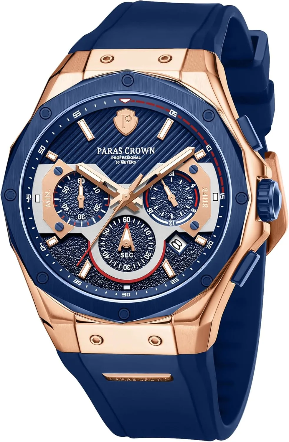 Paras Crown Mens Watches Fashion Luxury 50M Waterproof Chronograph Wrist Watches for Men with Silicone Strap Stainless Steel Case