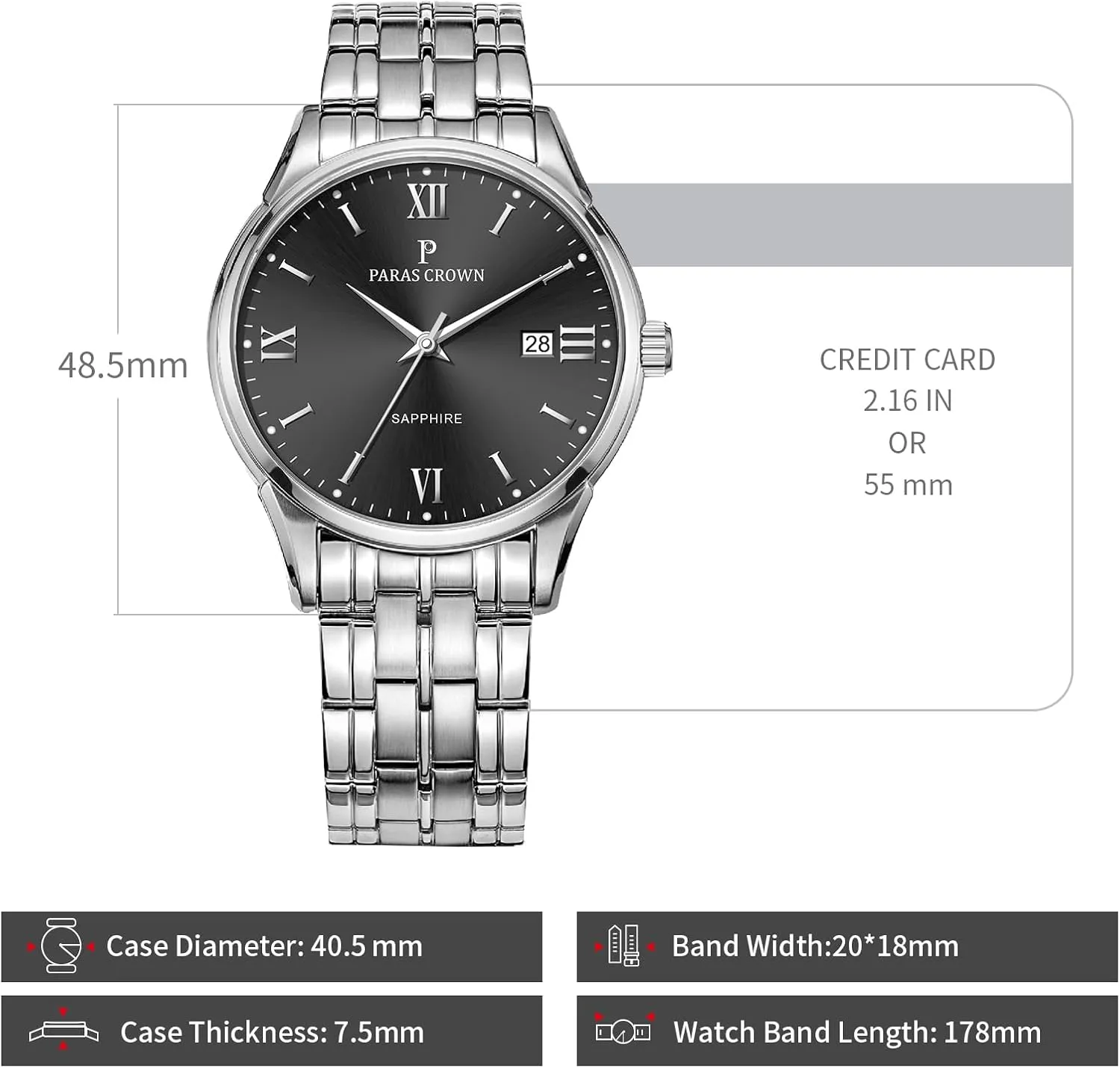 Paras Crown Mens Watches Luxury Chronograph Analog Watch Japanese Quartz Movement Stainless Steel Case 5ATM Waterproof Watches for Men