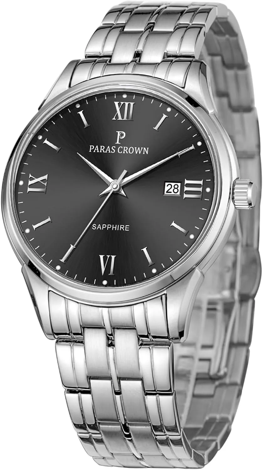 Paras Crown Mens Watches Luxury Chronograph Analog Watch Japanese Quartz Movement Stainless Steel Case 5ATM Waterproof Watches for Men