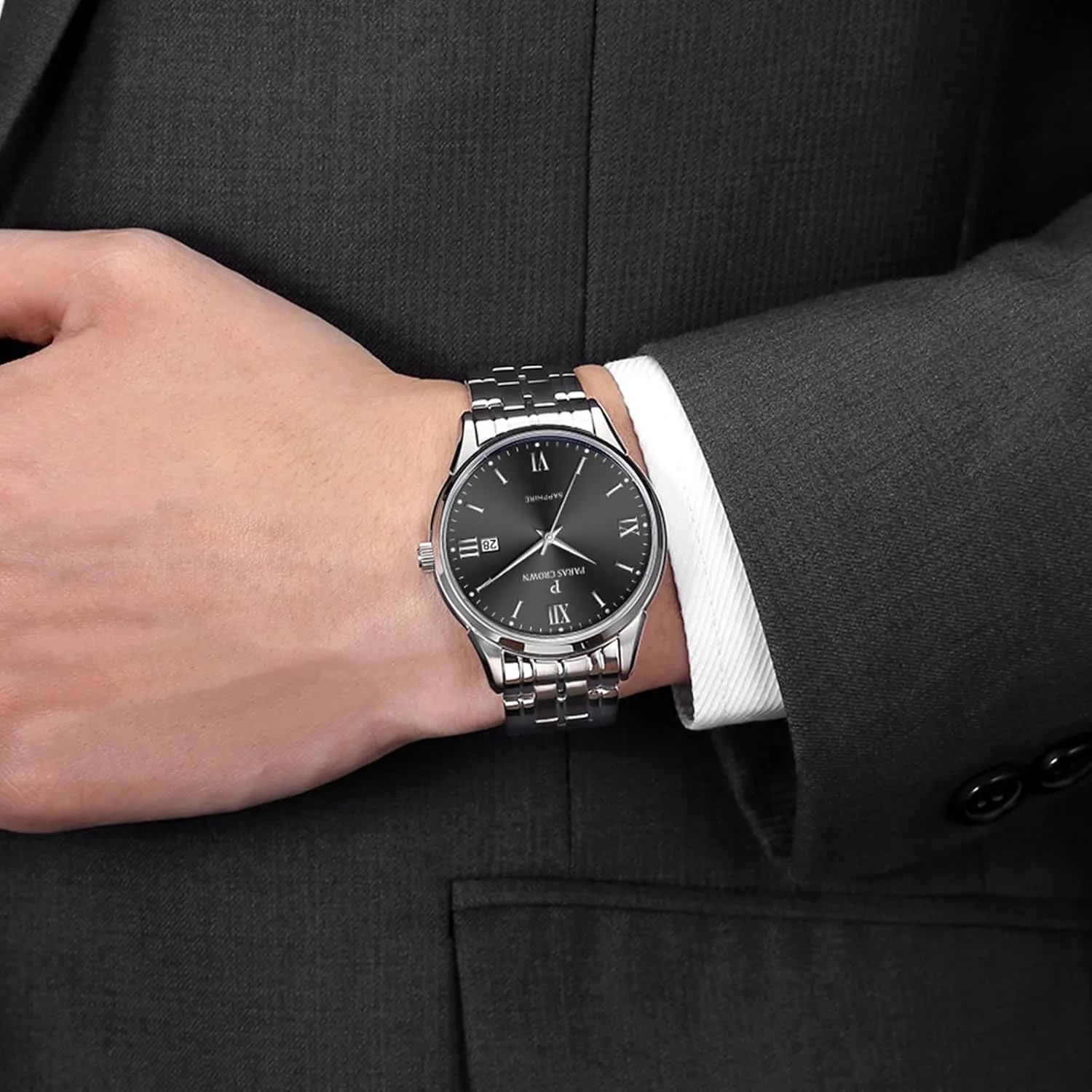 Paras Crown Mens Watches Luxury Chronograph Analog Watch Japanese Quartz Movement Stainless Steel Case 5ATM Waterproof Watches for Men