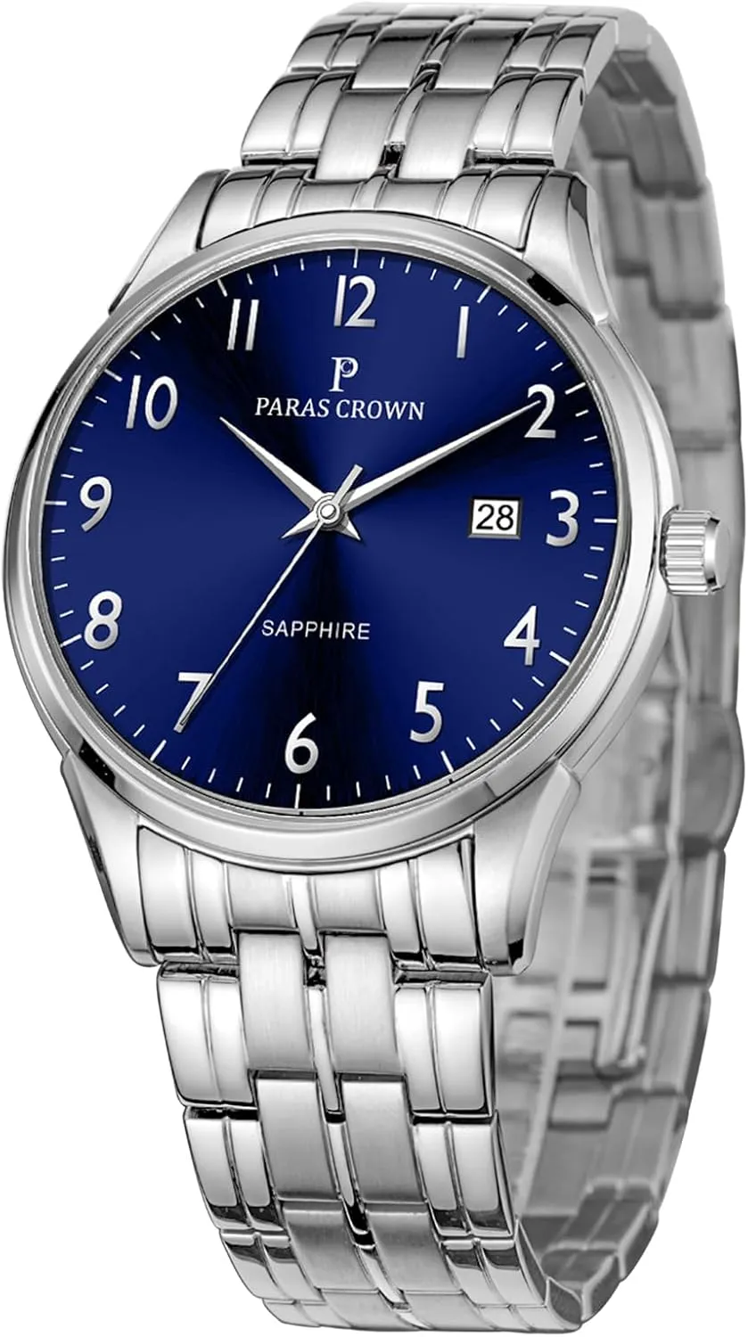 Paras Crown Watches for Men Luxury Japanese Quartz Movement Chronograph Analog Watch Stainless Steel Case 5ATM Waterproof Mens Watches