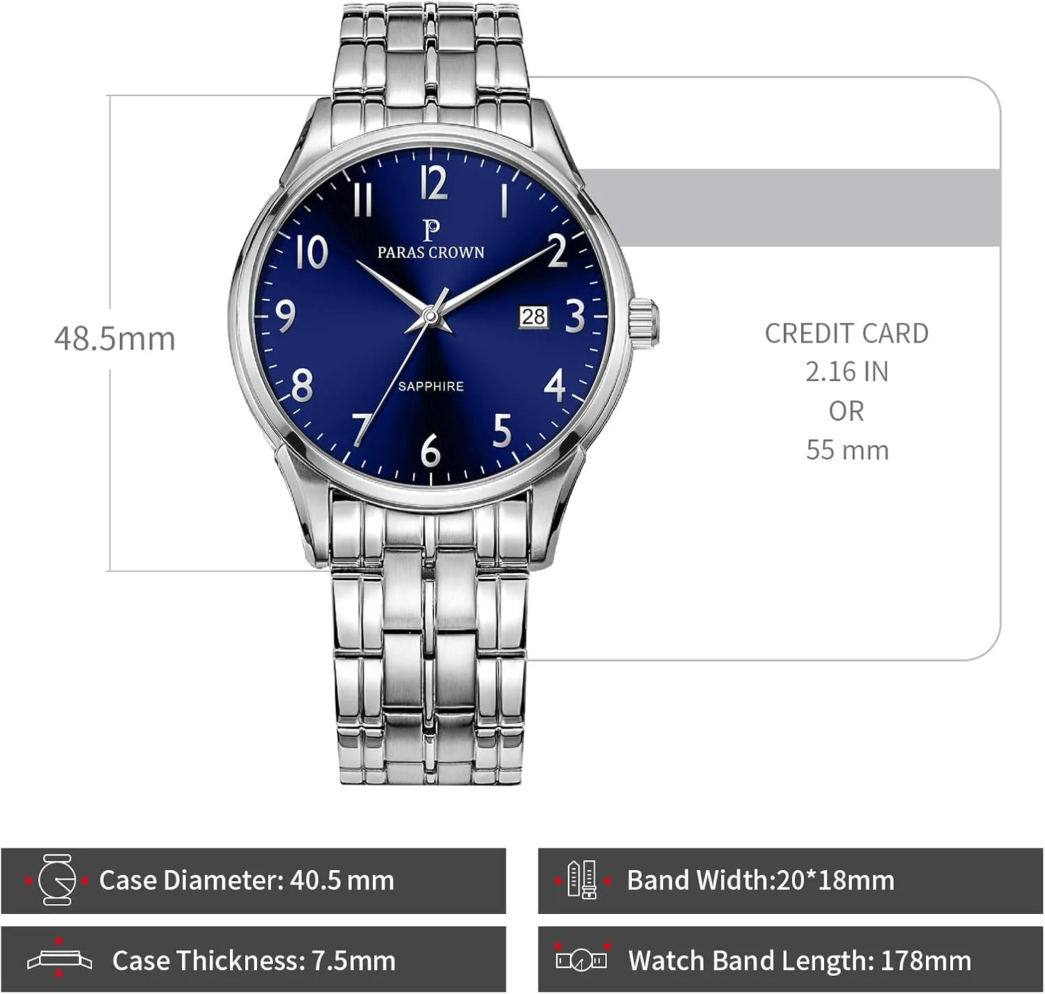 Paras Crown Watches for Men Luxury Japanese Quartz Movement Chronograph Analog Watch Stainless Steel Case 5ATM Waterproof Mens Watches