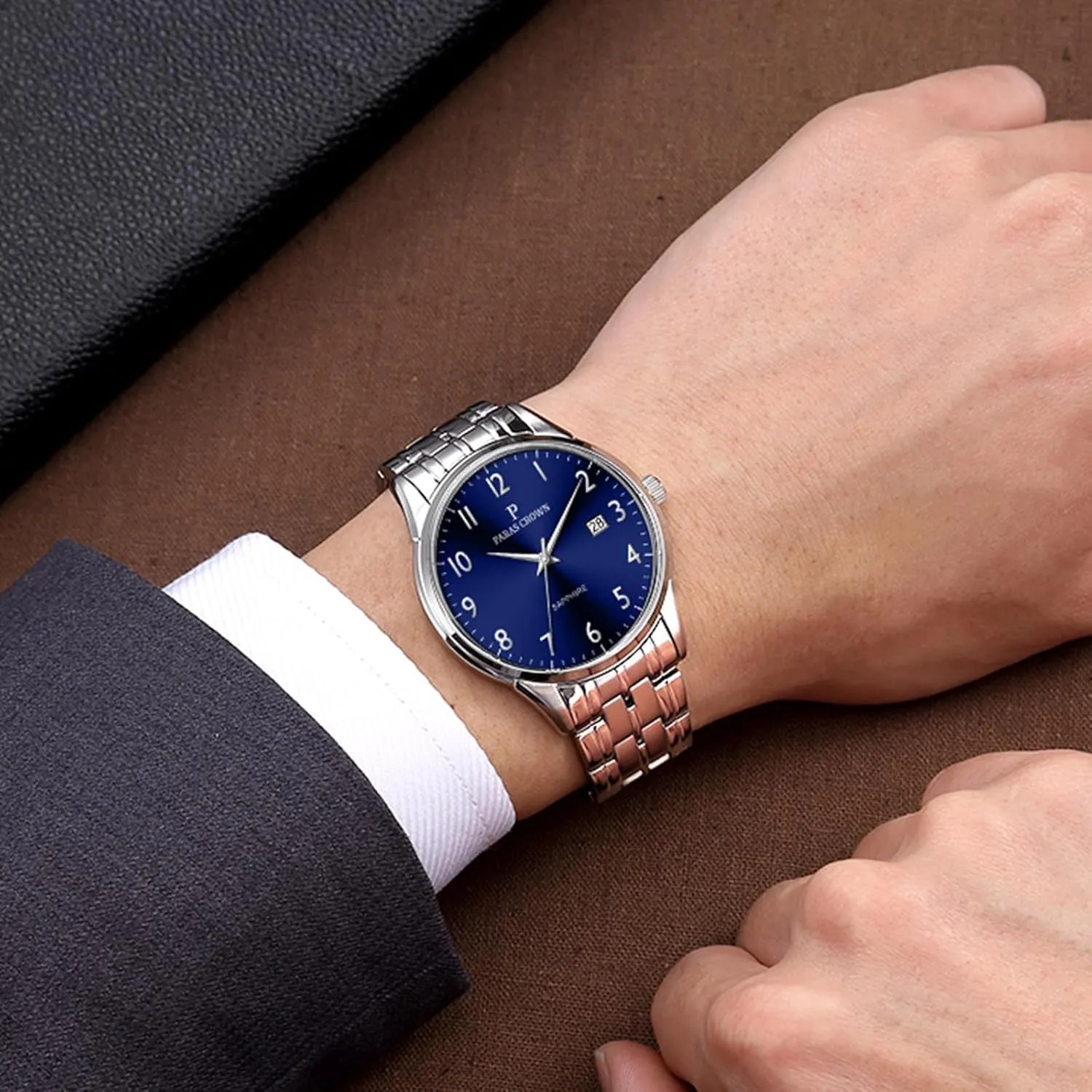 Paras Crown Watches for Men Luxury Japanese Quartz Movement Chronograph Analog Watch Stainless Steel Case 5ATM Waterproof Mens Watches