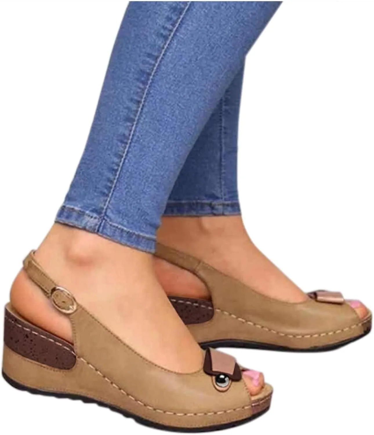 Peep Toe Flats with Bow for Women Summer Hollow Out Slingback Wedge Sandals Slip On Casual Comfortable Ankle Strap Sandal Walking Platform Beach Orthopedic Espadrille Bowknot Fashion Shoes