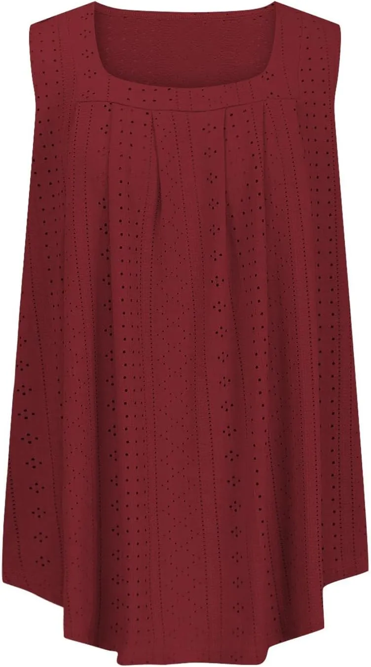 Plus Size Eyelet Tank Tops for Women Summer Sleeveless Square Neck Shirts Loose Fit Pleated Tunics Flowy Tees