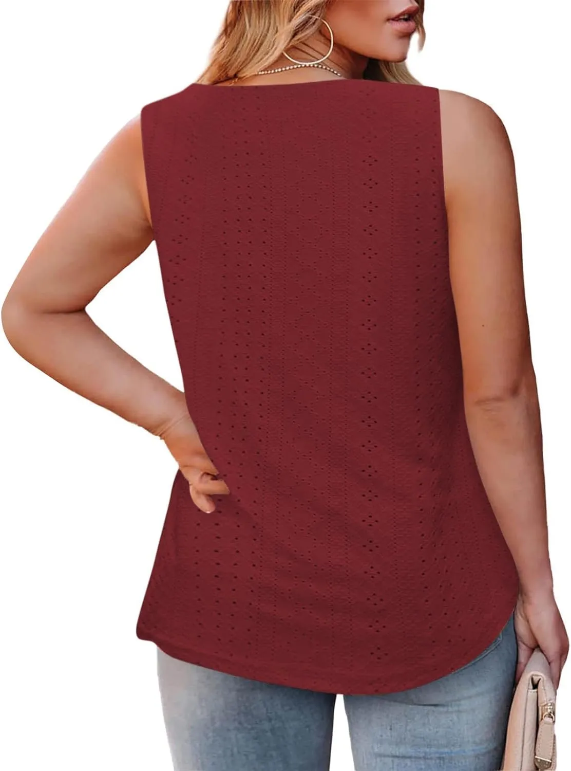 Plus Size Eyelet Tank Tops for Women Summer Sleeveless Square Neck Shirts Loose Fit Pleated Tunics Flowy Tees