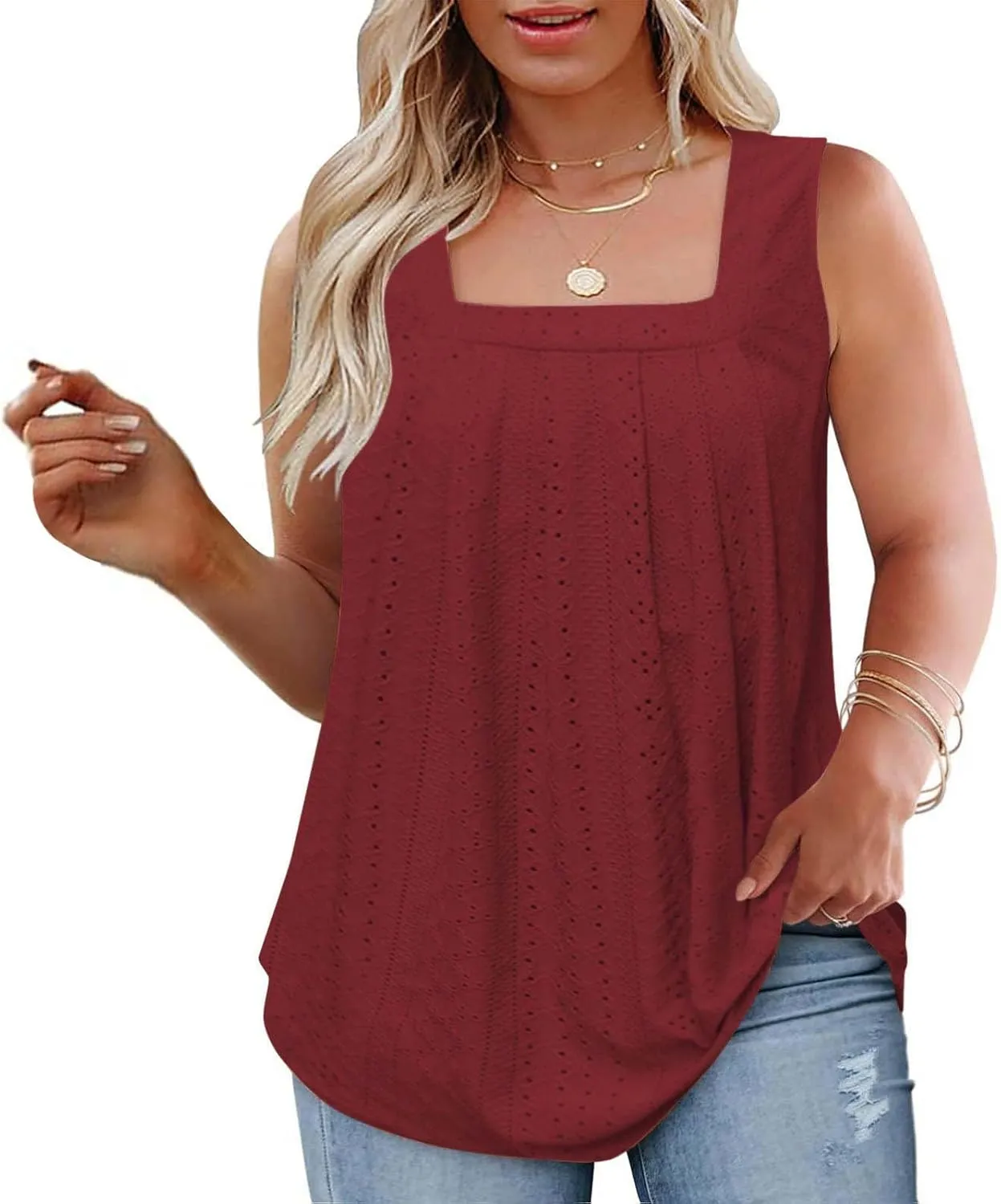 Plus Size Eyelet Tank Tops for Women Summer Sleeveless Square Neck Shirts Loose Fit Pleated Tunics Flowy Tees