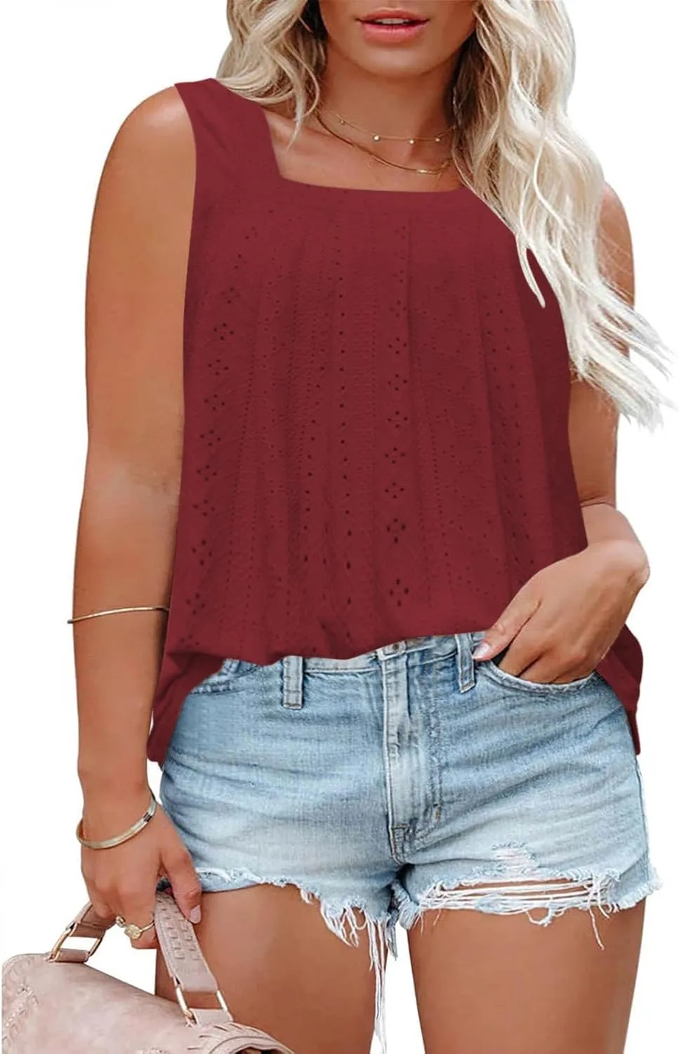 Plus Size Eyelet Tank Tops for Women Summer Sleeveless Square Neck Shirts Loose Fit Pleated Tunics Flowy Tees