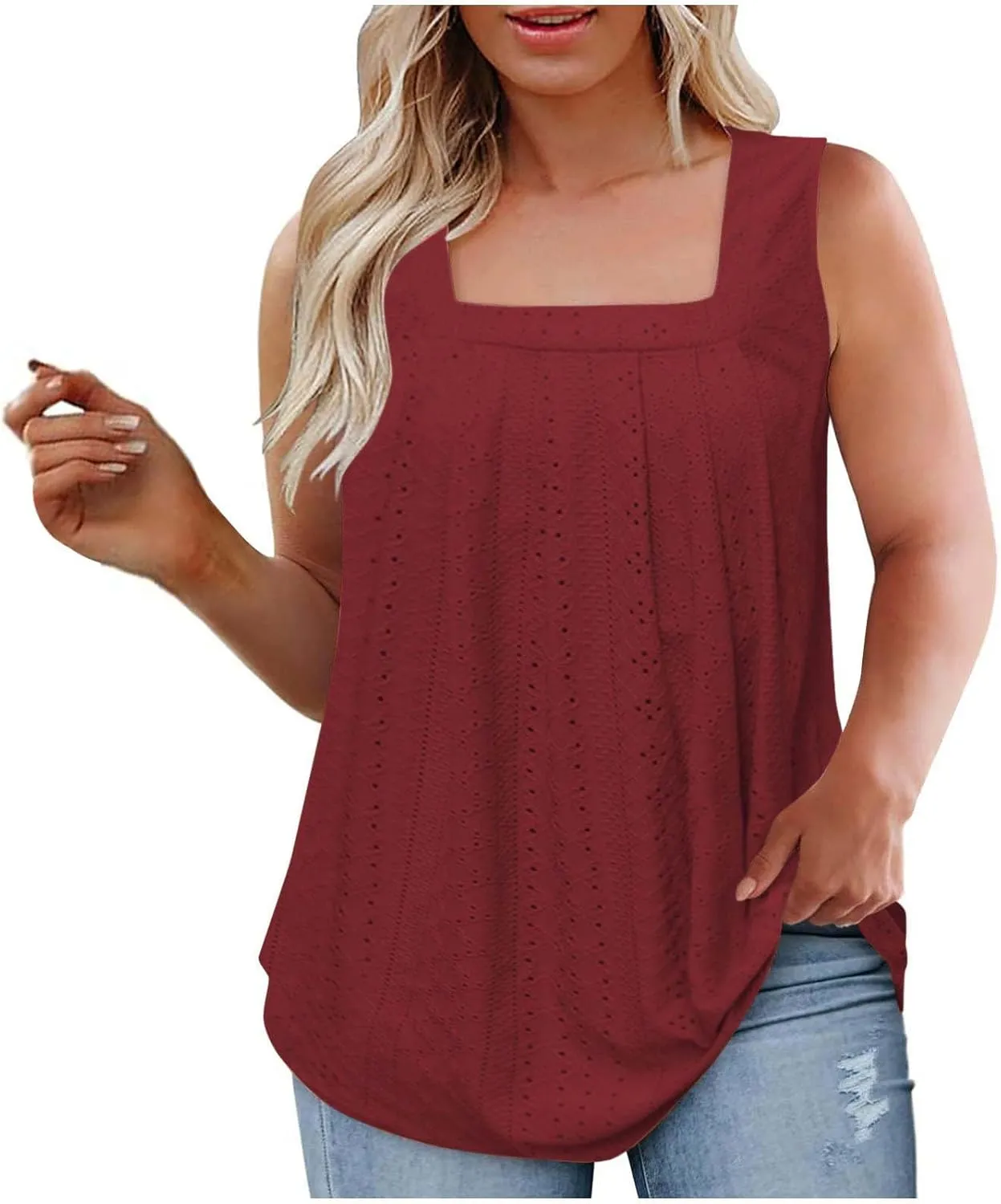 Plus Size Eyelet Tank Tops for Women Summer Sleeveless Square Neck Shirts Loose Fit Pleated Tunics Flowy Tees