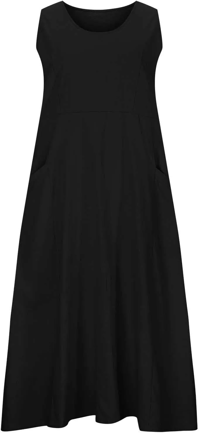 Plus Size Summer Dresses for Women 2025 Casual Plain Sleeveless Linen Tank Dress Beach Sun Dresses with Pockets