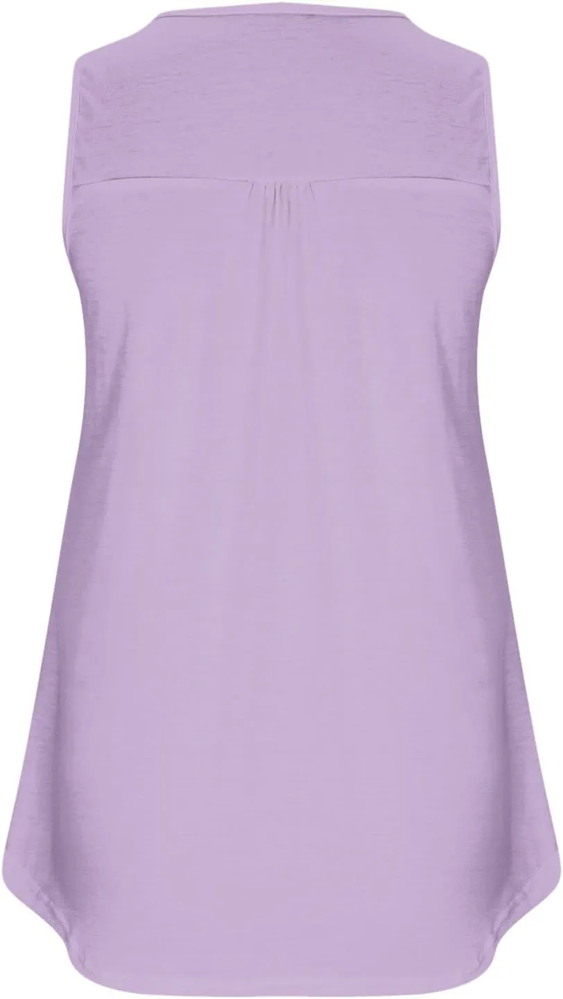 Plus Size Tank Tops for Women Summer V-neck Sleeveless Solid Shirts Buttons Up Loose Fit Pleated Flowy Tunic Blouse