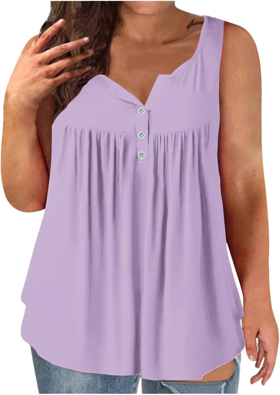 Plus Size Tank Tops for Women Summer V-neck Sleeveless Solid Shirts Buttons Up Loose Fit Pleated Flowy Tunic Blouse