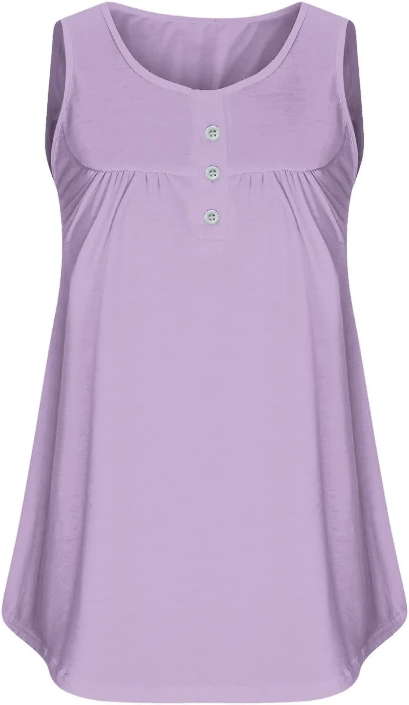 Plus Size Tank Tops for Women Summer V-neck Sleeveless Solid Shirts Buttons Up Loose Fit Pleated Flowy Tunic Blouse