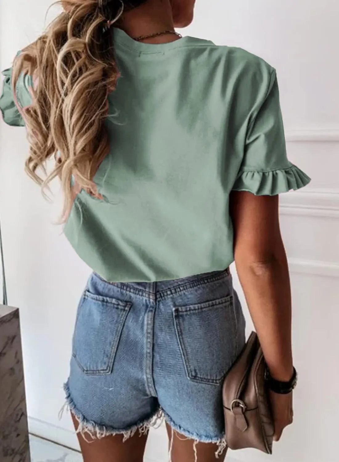 PRETTYGARDEN Women's Short Sleeve Casual T Shirts Summer Ruffle Plain Round Neck Loose Fit Tee Blouse Tops