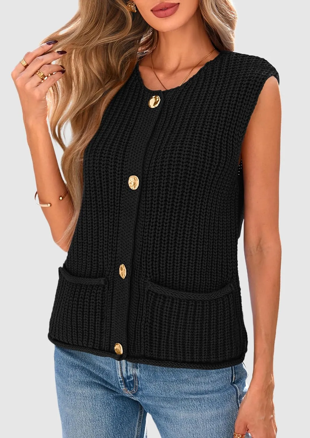 PRETTYGARDEN Women's Summer Sweaters Vest 2025 Sleeveless Button Down Cropped Pockets Chunky Knit Cardigan Trendy Tank Tops
