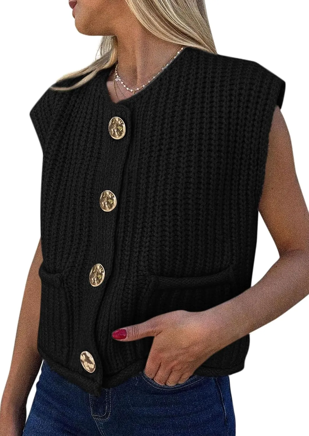 PRETTYGARDEN Women's Summer Sweaters Vest 2025 Sleeveless Button Down Cropped Pockets Chunky Knit Cardigan Trendy Tank Tops