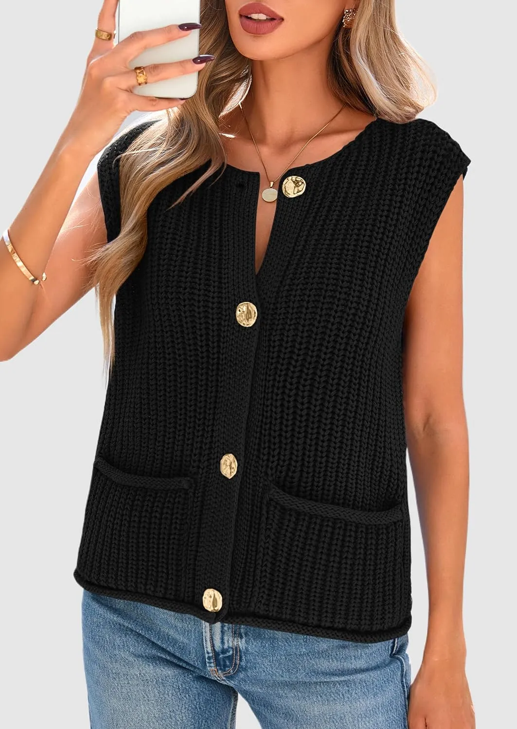 PRETTYGARDEN Women's Summer Sweaters Vest 2025 Sleeveless Button Down Cropped Pockets Chunky Knit Cardigan Trendy Tank Tops