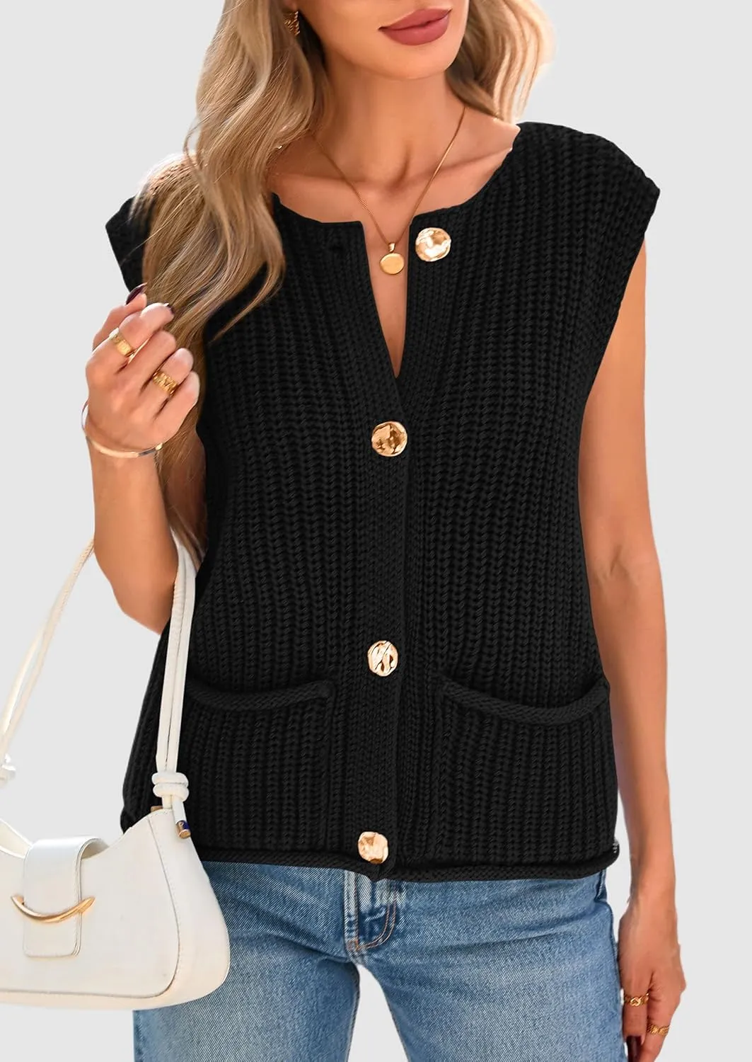 PRETTYGARDEN Women's Summer Sweaters Vest 2025 Sleeveless Button Down Cropped Pockets Chunky Knit Cardigan Trendy Tank Tops