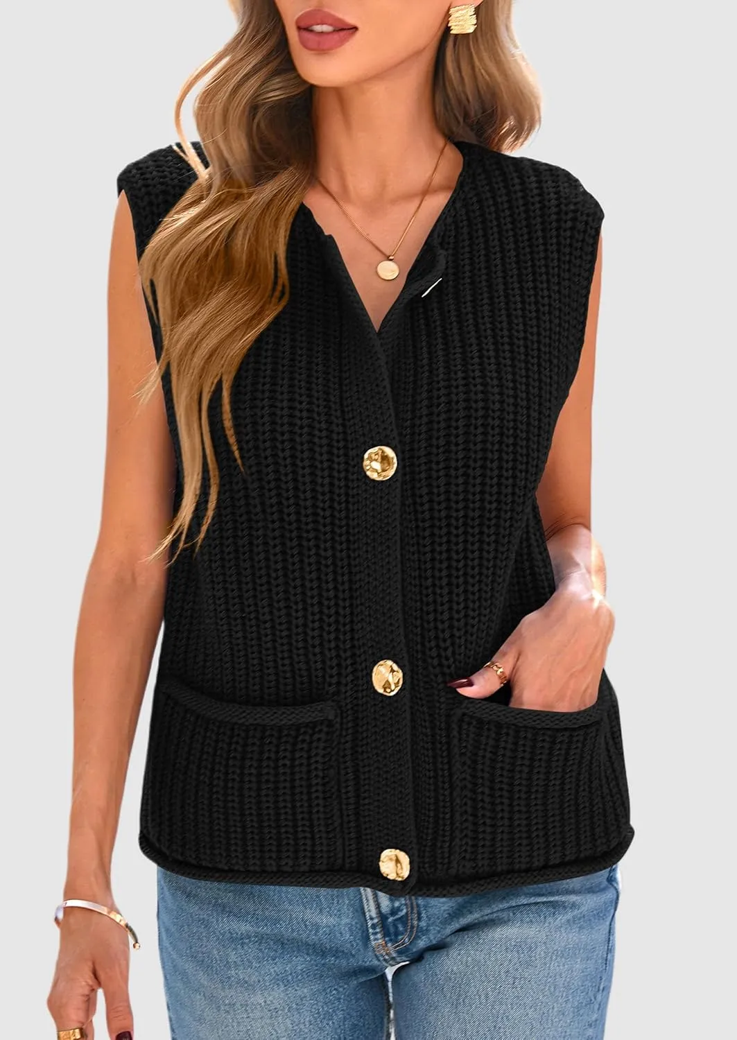 PRETTYGARDEN Women's Summer Sweaters Vest 2025 Sleeveless Button Down Cropped Pockets Chunky Knit Cardigan Trendy Tank Tops
