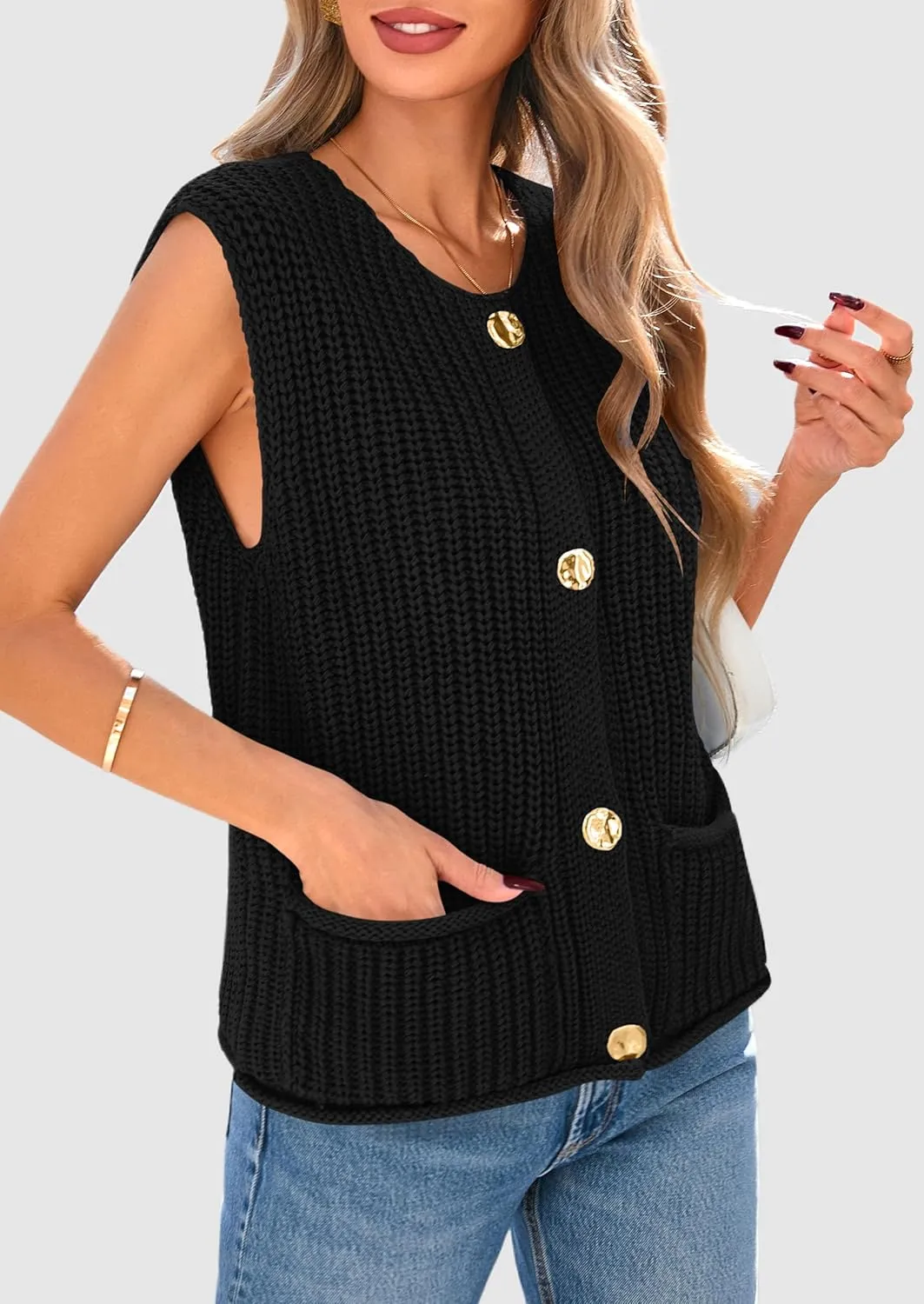 PRETTYGARDEN Women's Summer Sweaters Vest 2025 Sleeveless Button Down Cropped Pockets Chunky Knit Cardigan Trendy Tank Tops