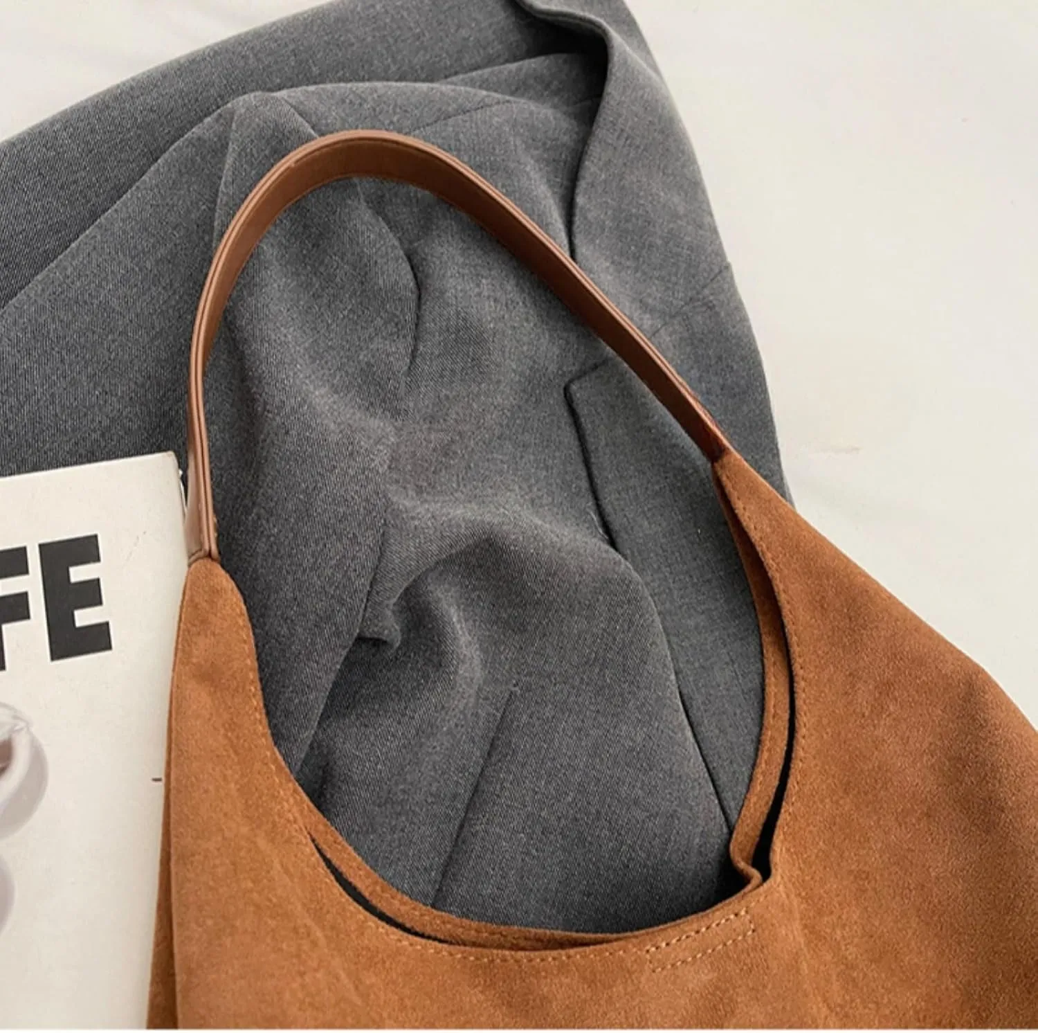 PU Leather Handbag Faux Suede Tote Bag with Pouch, Hobo Slouch Bag, Women's Shoulder Bags Hobos Bags for Travel Work