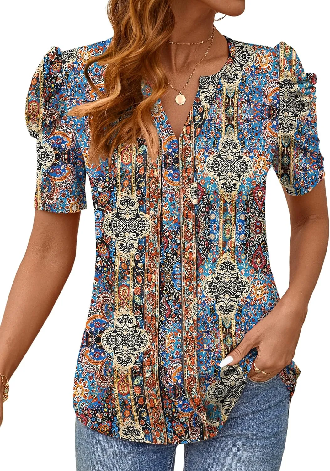 Rapbin Womens Summer Tops 2025 Puff Short Sleeve V Neck T Shirts Dressy Casual Spring Blouses for Women