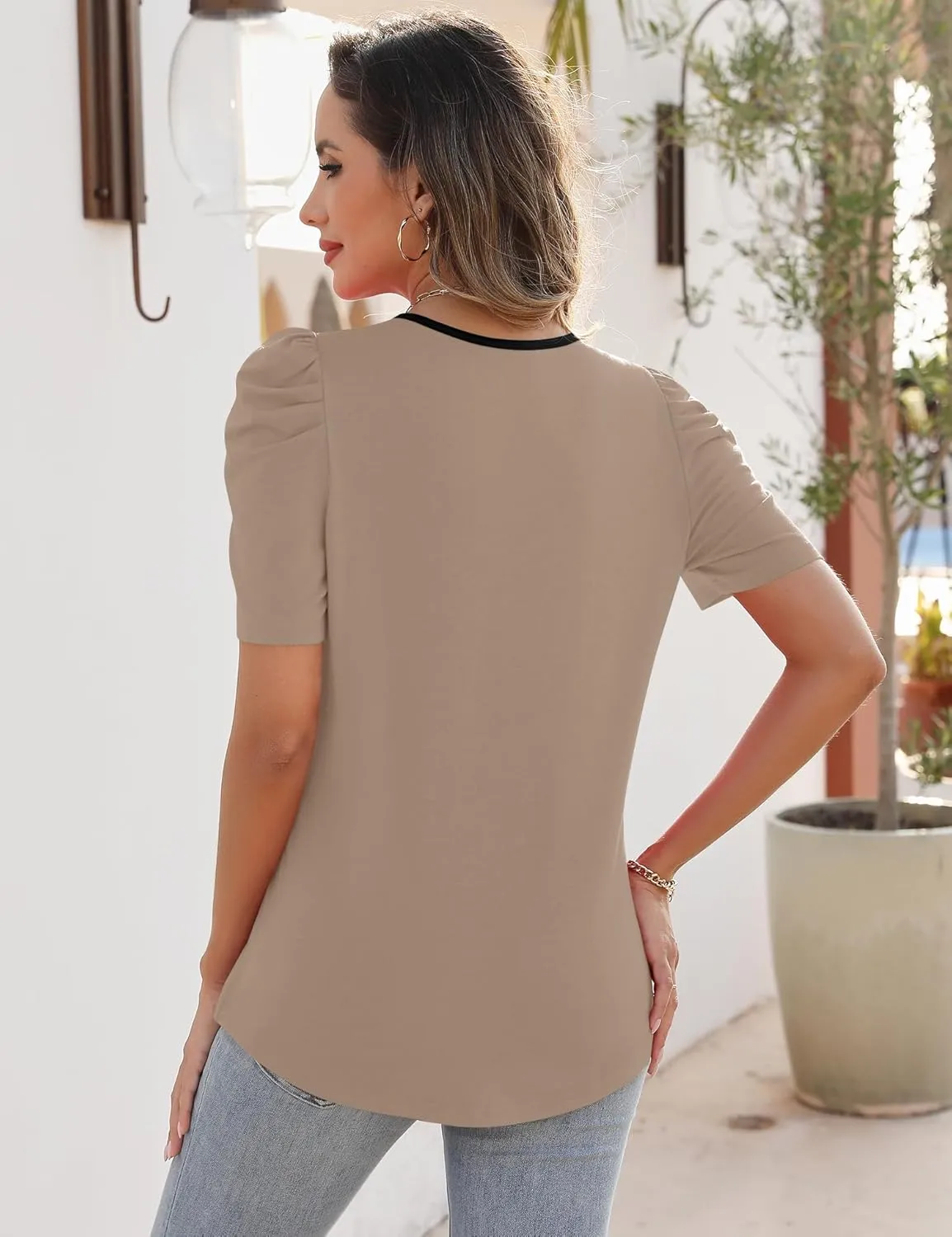 Rapbin Womens Summer Tops 2025 Puff Short Sleeve V Neck T Shirts Dressy Casual Spring Blouses for Women