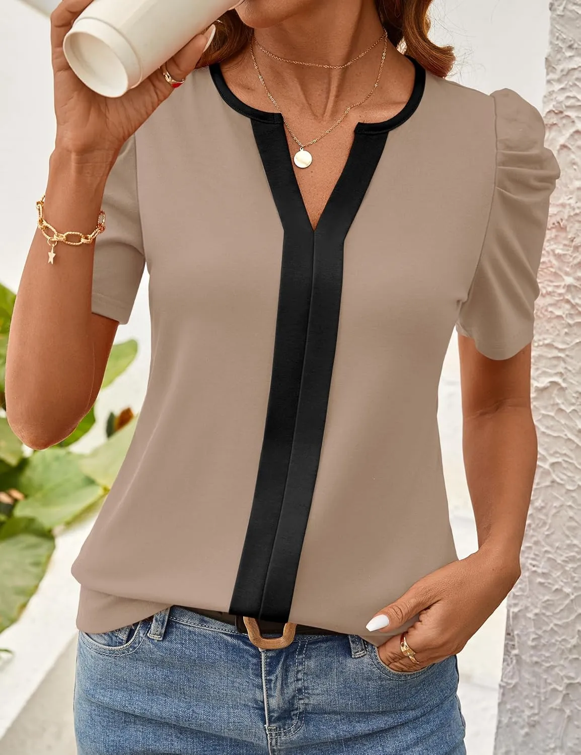 Rapbin Womens Summer Tops 2025 Puff Short Sleeve V Neck T Shirts Dressy Casual Spring Blouses for Women