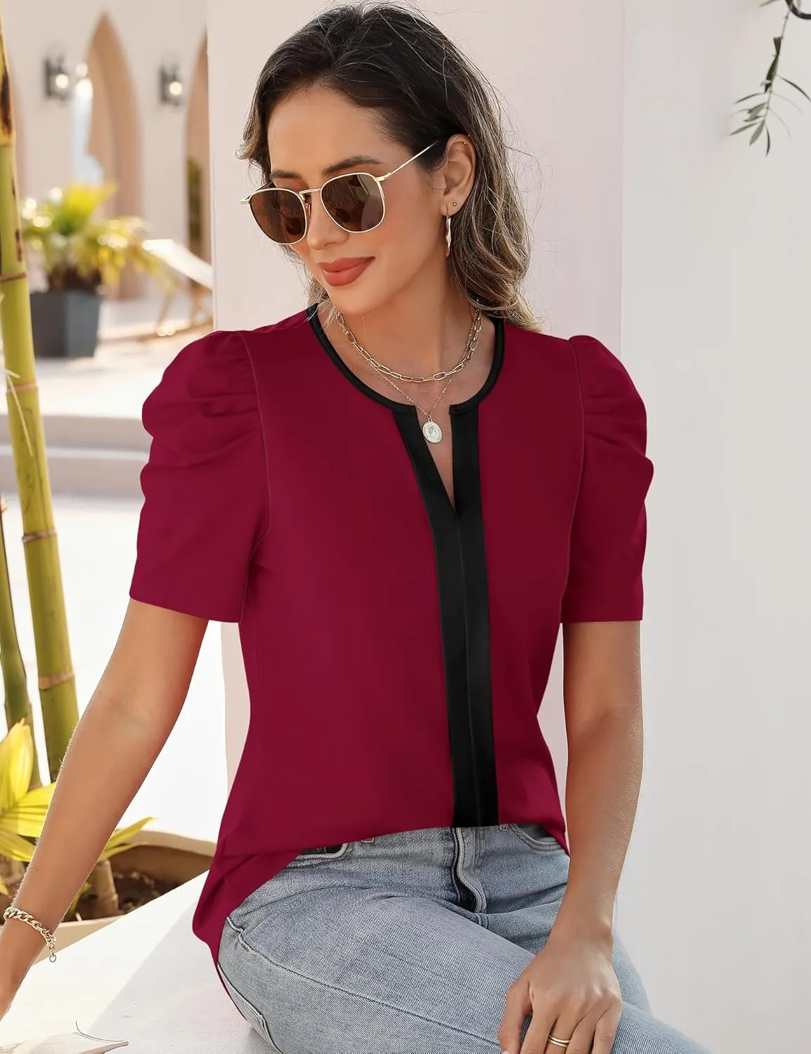 Rapbin Womens Summer Tops 2025 Puff Short Sleeve V Neck T Shirts Dressy Casual Spring Blouses for Women