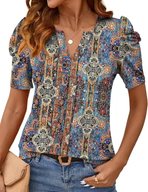 Rapbin Womens Summer Tops 2025 Puff Short Sleeve V Neck T Shirts Dressy Casual Spring Blouses for Women