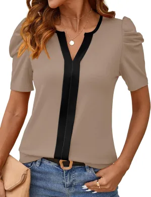 Rapbin Womens Summer Tops 2025 Puff Short Sleeve V Neck T Shirts Dressy Casual Spring Blouses for Women