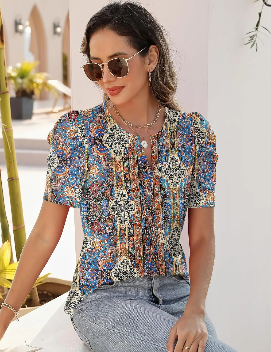 Rapbin Womens Summer Tops 2025 Puff Short Sleeve V Neck T Shirts Dressy Casual Spring Blouses for Women